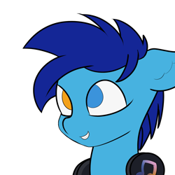 Size: 1270x1270 | Tagged: safe, artist:japkozjad, derpibooru import, oc, oc only, oc:apply, pegasus, blue mane, headphones, heterochromia, looking at someone, pegasus oc, simple background, smiling, white background