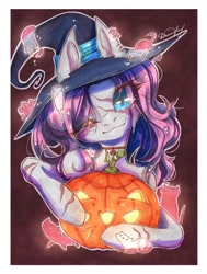 Size: 816x1080 | Tagged: safe, artist:dorry, derpibooru import, oc, oc only, cat, ghost, pony, undead, bust, choker, cute, ghost cat, halloween, hat, holiday, marker drawing, one eye closed, outline, portrait, pumpkin, scar, simple background, slit eyes, solo, traditional art, white frame, white outline, witch hat