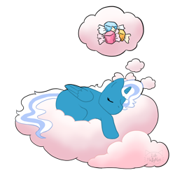 Size: 1200x1200 | Tagged: safe, artist:lib-fluffymoss, derpibooru import, oc, oc only, oc:fleurbelle, alicorn, pony, alicorn oc, bow, candy, cloud, dream, female, food, hair bow, horn, lying down, lying on a cloud, mare, on a cloud, simple background, sleeping, solo, transparent background, wings