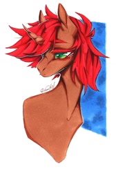 Size: 724x1080 | Tagged: safe, artist:dorry, derpibooru import, oc, oc only, pony, unicorn, bust, curved horn, green eyes, horn, looking down, male, marker drawing, portrait, red mane, scan, scanned, simple background, solo, stallion, traditional art, unicorn oc, white background