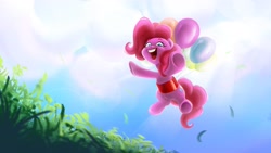 Size: 1920x1080 | Tagged: safe, artist:greenybeanz, derpibooru import, pinkie pie, earth pony, pony, balloon, female, floating, flying, open mouth, open smile, smiling, solo, then watch her balloons lift her up to the sky