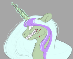 Size: 2244x1824 | Tagged: safe, artist:shadypixels, derpibooru import, oc, alicorn, pony, fallout equestria, artificial alicorn, blood, gray background, green alicorn (fo:e), male alicorn, profile, sharp teeth, simple background, solo, teeth