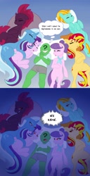 Size: 2000x3902 | Tagged: safe, artist:greenybeanz, derpibooru import, lightning dust, starlight glimmer, sunset shimmer, suri polomare, tempest shadow, trixie, oc, oc:anon, earth pony, human, pegasus, pony, unicorn, bed, female, glowing, glowing eyes, male, red eyes, sleeping, straight, this will end in snu snu