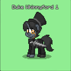 Size: 563x558 | Tagged: safe, derpibooru import, oc, oc only, oc:duke canterford i, unicorn, blaze (coat marking), bowtie, clothes, coat markings, facial markings, hat, horn, monocle, sword, top hat, unicorn oc, weapon