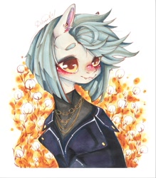 Size: 948x1080 | Tagged: safe, artist:dorry, derpibooru import, oc, oc only, pony, blushing, chains, clothes, cotton, fangs, gold, golden chain, jacket, jewelry, leather, leather jacket, marker drawing, simple background, solo, traditional art, white background