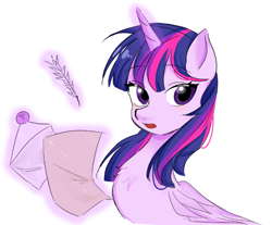 Size: 786x652 | Tagged: safe, artist:rainbom__1122, derpibooru import, twilight sparkle, twilight sparkle (alicorn), alicorn, pony, female, glowing, glowing horn, horn, simple background, solo, white background