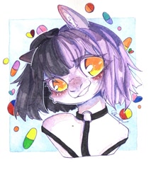 Size: 949x1080 | Tagged: safe, artist:dorry, derpibooru import, oc, oc only, pony, belt, blue background, bust, cute, cute little fangs, fangs, looking away, marker drawing, pill, portrait, simple background, solo, traditional art, two toned hair, white background