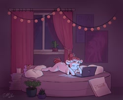 Size: 1280x1041 | Tagged: safe, artist:survya, derpibooru import, oc, oc only, earth pony, pony, bed, cactus, computer, curtains, earth pony oc, female, food, garland, inside, laptop computer, mare, night, pizza, plant, poster, room, solo