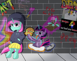 Size: 2800x2200 | Tagged: safe, artist:amateur-draw, derpibooru import, twilight sparkle, twilight sparkle (alicorn), oc, oc only, oc:belle boue, alicorn, pony, unicorn, bipedal, burger, clothes, covered in mud, crossdressing, cutie mark, donut, edgy, edgy as fuck, food, graffiti, hay burger, hoodie, leaning, mud, mud bath, mud mask, pencil, poster, propaganda, skirt, solo, tongue, tongue out, wall, wet and messy