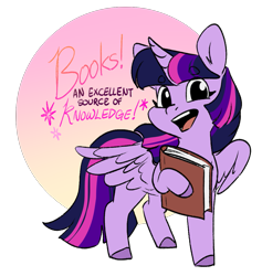 Size: 1039x1098 | Tagged: safe, artist:cosmalumi, derpibooru import, twilight sparkle, twilight sparkle (alicorn), alicorn, book, bookhorse, simple background, solo, text, that pony sure does love books, transparent background