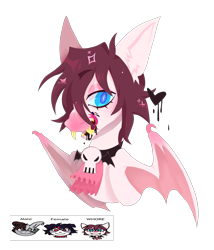 Size: 1853x2161 | Tagged: safe, artist:beetlebonez, derpibooru import, oc, oc only, bat pony, pony, blood, blue eyes, bust, fangs, forked tongue, heart, licking, licking lips, lineless, looking at you, pink coat, red mane, simple background, tongue, tongue out, transparent background