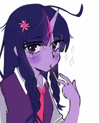 Size: 1686x2073 | Tagged: safe, artist:parappaya, derpibooru import, twilight sparkle, human, equestria girls, female, food, horn, horned humanization, humanized, pocky, simple background, solo, white background