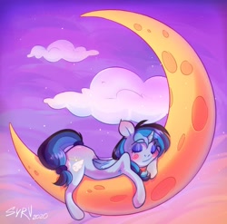 Size: 1197x1182 | Tagged: safe, artist:survya, derpibooru import, oc, oc only, pony, unicorn, cloud, crescent moon, horn, mascara, moon, sleeping, sleeping on moon, small horn, solo, sunset, tangible heavenly object, unicorn oc