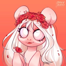 Size: 1000x1000 | Tagged: safe, artist:survya, derpibooru import, part of a set, oc, oc only, earth pony, pony, albino, colored sclera, cute, daaaaaaaaaaaw, earth pony oc, female, floral head wreath, flower, flower in hair, lips, mare, red background, simple background, solo, white mane, white pupils