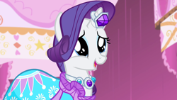 Size: 1280x720 | Tagged: safe, derpibooru import, screencap, rarity, pony, unicorn, simple ways, clothes, cute, dress, female, gown, horn, horn ring, mare, open mouth, raribetes, ring, solo, squishy cheeks, wide eyes