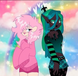 Size: 716x692 | Tagged: safe, artist:mmichelleartss, derpibooru import, queen chrysalis, oc, oc:fluffle puff, anthro, human, duo, duo female, female, humanized