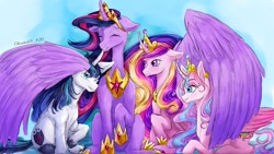 Size: 1280x720 | Tagged: safe, artist:chaotic69_420, derpibooru import, princess cadance, princess flurry heart, princess twilight 2.0, shining armor, twilight sparkle, twilight sparkle (alicorn), alicorn, pony, unicorn, the last problem, aunt and niece, brother and sister, eyes closed, family, father and child, father and daughter, female, grin, hug, male, mother and child, mother and daughter, older, older flurry heart, older twilight, one eye closed, parent and child, siblings, smiling, winghug, wings