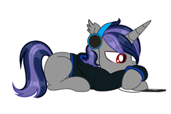 Size: 1500x1000 | Tagged: safe, artist:sarahsuresh-art, derpibooru import, oc, oc:dreaming star, bat pony, hybrid, pony, unicorn, base used, bat pony oc, bat pony unicorn, clothes, fangs, headphones, hoodie, horn, listening to music, male, phone, red eyes, sad, simple background, solo, stallion, transparent background