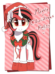 Size: 900x1200 | Tagged: safe, artist:thebatfang, derpibooru import, oc, oc:blackjack, pony, unicorn, fallout equestria, fallout equestria: project horizons, christmas, clothes, cute, female, hat, holiday, horn, looking at you, mare, santa hat, smiling, socks, solo, unicorn oc, wreath