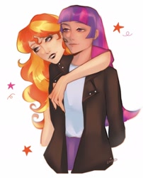 Size: 1620x2002 | Tagged: safe, artist:levzuk, derpibooru import, sunset shimmer, twilight sparkle, human, duo, female, humanized, lesbian, shipping, simple background, sunsetsparkle, white background