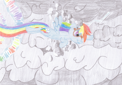 Size: 3444x2392 | Tagged: safe, artist:ragmo, derpibooru import, rainbow dash, pegasus, pony, cloud, female, goggles, mare, solo, sonic rainboom, traditional art