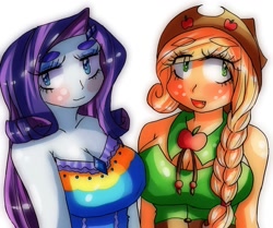 Size: 1153x966 | Tagged: safe, artist:araiiara123, derpibooru import, applejack, rarity, human, equestria girls, applerack, blushing, breasts, cleavage, clothes, duo, duo female, eye clipping through hair, eyebrows, eyebrows visible through hair, female, open mouth, open smile, raritits, smiling