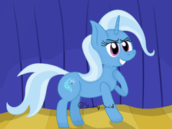 Size: 1600x1200 | Tagged: safe, artist:starry swirl, derpibooru import, trixie, pony, unicorn, female, grin, mare, missing accessory, smiling, solo, stage