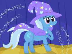 Size: 1600x1200 | Tagged: safe, alternate version, artist:starry swirl, derpibooru import, trixie, pony, unicorn, cape, clothes, female, fireworks, grin, hat, mare, smiling, solo, stage, trixie's cape, trixie's hat