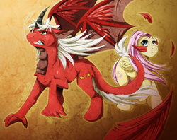 Size: 882x700 | Tagged: safe, artist:x0tashia0x, derpibooru import, fluttershy, oc, oc:draco scales, alicorn, pegasus, pony to dragon, protecting, shipping, species swap, transformation