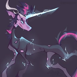 Size: 1280x1280 | Tagged: safe, artist:rus, derpibooru import, twilight sparkle, unicorn twilight, pony, unicorn, it's about time, bandage, catsuit, electricity, eyepatch, future twilight, glowing, glowing horn, gray background, horn, magic, magic aura, scar, simple background, solo