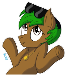 Size: 452x527 | Tagged: safe, artist:sroka001, derpibooru import, oc, oc only, oc:peatmoss, pony, colt, foal, glasses, green mane, jewelry, male, reaction image, scrunchy face, shrug, solo, white outline