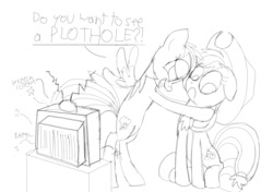 Size: 762x535 | Tagged: safe, artist:cgeta, derpibooru import, applejack, rainbow dash, earth pony, pegasus, pony, :c, duo, frown, implied lesbian, monochrome, plothole, pun, sketch, television