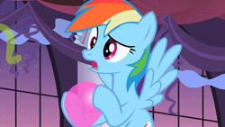 Size: 1280x720 | Tagged: safe, derpibooru import, screencap, rainbow dash, pegasus, sweet and elite, balloon, female, mare, solo, window