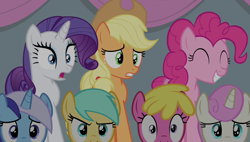 Size: 1266x720 | Tagged: safe, derpibooru import, screencap, applejack, cherry berry, minuette, pinkie pie, rarity, sunshower raindrops, twinkleshine, earth pony, pony, unicorn, equestria games (episode), ^^, cute, diapinkes, eyes closed, one of these things is not like the others, varying degrees of want