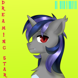 Size: 4000x4000 | Tagged: safe, artist:lamaka, derpibooru import, oc, oc:dreaming star, bat pony, hybrid, pony, unicorn, bat pony oc, bat pony unicorn, bust, chest fluff, commission, cyberpunk, fangs, horn, looking at you, male, pale belly, portrait, red eyes, simple background, stallion, text, ych result