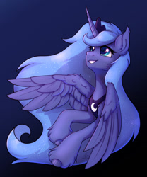 Size: 1000x1203 | Tagged: safe, artist:argigen, derpibooru import, princess luna, alicorn, pony, blue background, bust, cloud, ear fluff, ears, female, high res, long mane, mare, s1 luna, simple background, smiling, solo, unshorn fetlocks, wings