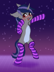 Size: 2232x2976 | Tagged: safe, artist:chukcha, derpibooru import, oc, oc:dreaming star, bat pony, hybrid, pony, unicorn, bat pony oc, bat pony unicorn, bipedal, blushing, chest fluff, clothes, cute, dance floor, dancing, fangs, femboy, happy, horn, looking at you, male, ocbetes, pale belly, red eyes, socks, stallion, striped socks