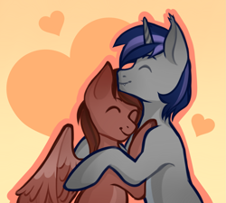 Size: 2449x2208 | Tagged: safe, artist:vatutina, derpibooru import, oc, oc:autumn rosewood, oc:dreaming star, bat pony, hybrid, pegasus, pony, unicorn, bat pony oc, bat pony unicorn, cuddling, cute, fangs, heart, horn, hug, love, male, ocbetes, pale belly, pegasus oc, spread wings, stallion, wings