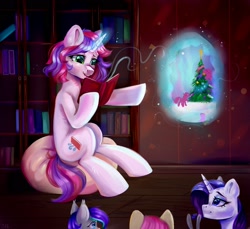 Size: 2400x2200 | Tagged: safe, artist:ske, derpibooru import, rarity, oc, oc:melody (melodylibris), pony, unicorn, book, bookshelf, christmas, christmas tree, holiday, illusion, smiling, storytelling, tree