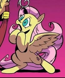 Size: 226x272 | Tagged: safe, derpibooru import, idw, fluttershy, pegasus, pony, bipedal, cropped, female, gasp, gradient background, mare, offscreen character, reaction image, solo focus