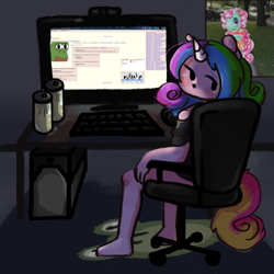 Size: 1000x1000 | Tagged: safe, artist:loshi_tea, derpibooru import, minty, oc, oc:rainy shine, anthro, unicorn, g3, 4chan, computer, energy drink, female, monitor, neet, pepe the frog, rug