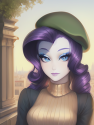 Size: 1020x1360 | Tagged: safe, derpibooru import, editor:sammykun, generator:stable diffusion, machine learning generated, rarity, human, equestria girls, beautiful, beret, breasts, bush, clothes, column, eyeshadow, fashion, female, hat, humanized, lips, lipstick, looking at you, makeup, raritits, shadow, solo, sweater, white skin