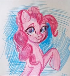 Size: 2006x2160 | Tagged: safe, artist:ske, derpibooru import, pinkie pie, earth pony, pony, looking at you, raised hoof, raised leg, solo, traditional art