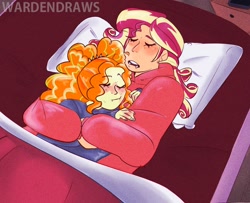 Size: 1166x946 | Tagged: safe, alternate version, artist:wardensballs, derpibooru import, adagio dazzle, sunset shimmer, equestria girls, cuddling, duo, female, lesbian, shipping, sleeping, sunsagio