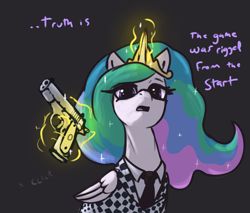 Size: 2030x1730 | Tagged: safe, artist:t72b, derpibooru import, princess celestia, alicorn, pony, april fools, april fools 2023, clothes, derpibooru, fallout, fallout: new vegas, female, gun, handgun, jewelry, looking at you, magic, mare, meme, meta, necktie, pistol, regalia, solo, suit, telekinesis, weapon