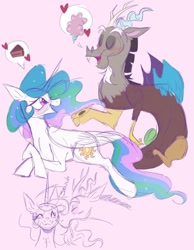 Size: 694x894 | Tagged: safe, artist:sunbutt.worshipper, derpibooru import, discord, princess celestia, alicorn, draconequus, cake, dislestia, female, food, heart, horn, kiss on the cheek, kissing, male, photo, pink background, shipping, simple background, sketch, straight, thought bubble