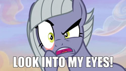 Size: 2190x1232 | Tagged: safe, derpibooru import, edit, edited screencap, screencap, limestone pie, earth pony, pony, hearthbreakers, caption, eye, eyelid pull, eyes, ghost rider, image macro, looking at you, meme, staring into your soul, text, text edit