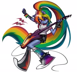 Size: 2048x1918 | Tagged: safe, artist:swagzeta671, derpibooru import, rainbow dash, anthro, plantigrade anthro, alternate hairstyle, electric guitar, guitar, looking at you, musical instrument, one eye closed, solo, spiked belt, spiked wristband, wingless, wingless anthro, wristband
