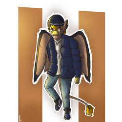 Size: 1846x1846 | Tagged: safe, artist:duckores, derpibooru import, oc, oc:pad, anthro, griffon, abstract background, anthro oc, beanie, clothes, denim, griffon oc, hat, hoodie, jacket, jeans, pants, solo, wings