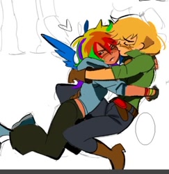 Size: 550x565 | Tagged: safe, artist:swagzeta671, derpibooru import, applejack, rainbow dash, human, appledash, blushing, female, hug, humanized, lesbian, one eye closed, shipping, tsunderainbow, tsundere, winged humanization, wings